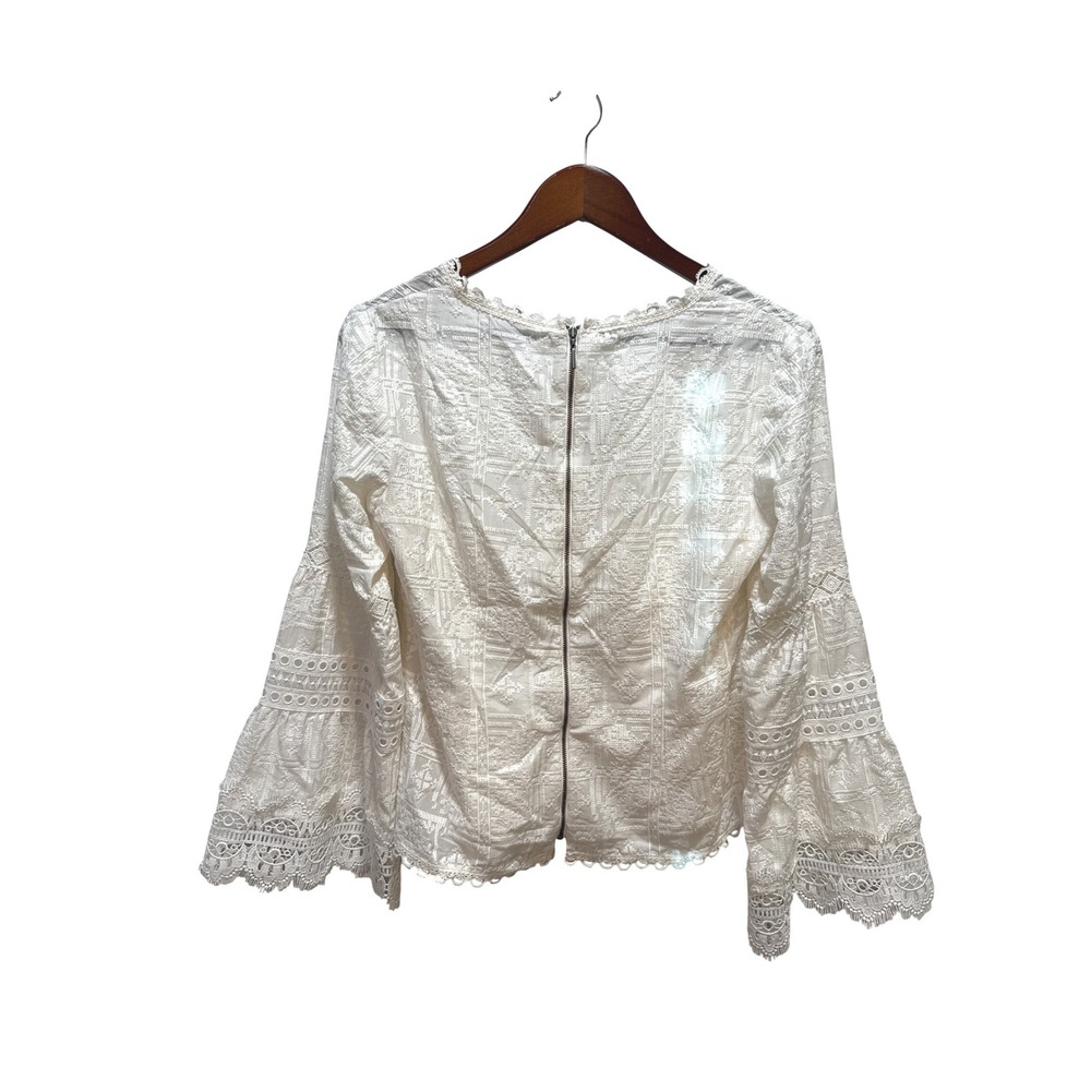 Nanette Lepore White Lace Bell Sleeve V Neck Button Up Blouse Top‎ Size 4 - Picture 4 of 7